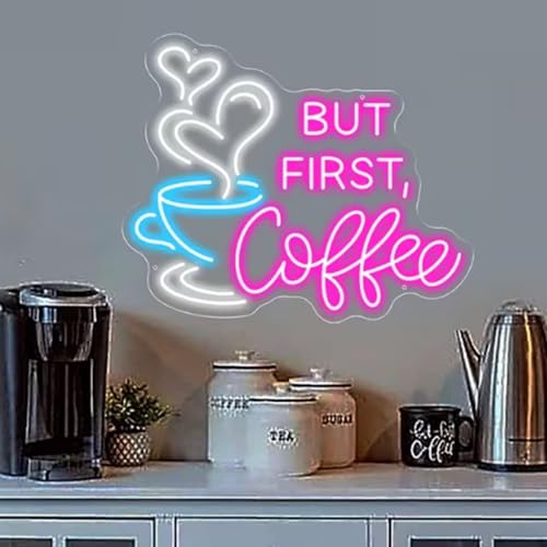 Image of But First Coffee Neon Sign Large 5V USB Powered Acrylic Neon Lights with Dimmable Switch and Hanging Chain for Coffee Cafe Bar Party Living Room Sign Gifts 14 * 11.3inch(Pink)
