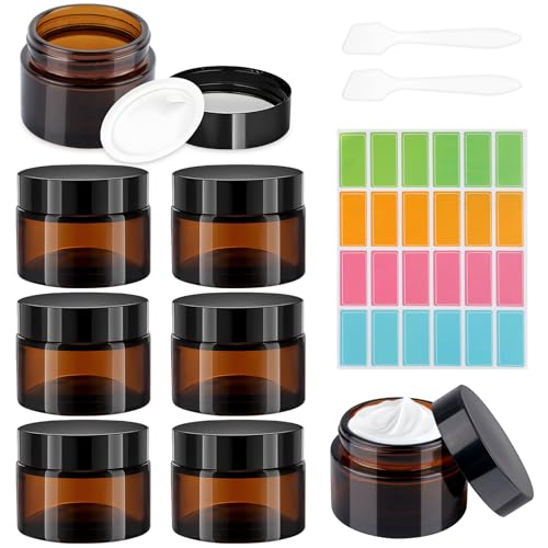 8 Pieza Tarros Cosmeticos, Ámbar Tarros de Cristal con Pegatinas y 2 Espátulas, Frascos de Vidrio con Tapa, 50ml Envases para Cosmetica, Lociones, Cremas, Aceites Esenciales