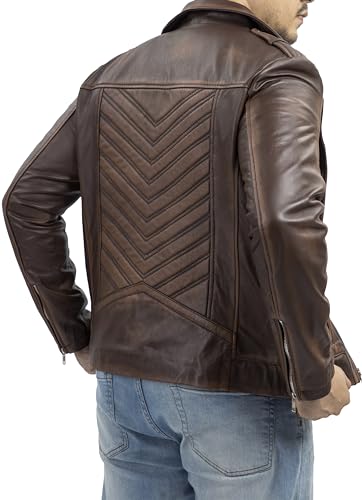 Jild Biker Style Genuine Leather Jacket Men - Vintage Look Asymmetric Zip-Up Hand Waxed Leather Lapel Style Motorcycle Jacket2