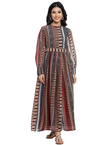 Image of Juniper Black Alphin Chiffon Printed Flared Dress with Waist Tie-up