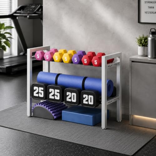 Image of WINSTAR 2-Tier Adjustable Dumbbell Rack | Heavy-Duty Home Gym Weight Storage Stand for Dumbbells & Kettlebells | Space-Saving Home Gym Organizer (Rack Only, Silver)