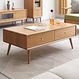 100% Solid Wood Coffee Table with Drawers, Mid Century Modern Coffee Tables for Living Room, 39.37' W Coffee Table with Large Storage for Home (Oak, Log Colour)
