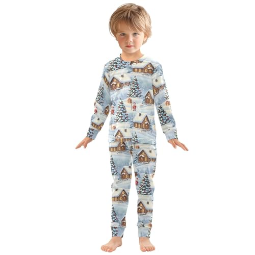 Pajama Sets Long Sleeve Christmas Village Scene Pattern Soft Comfy Sleepwear 2 Piece PJS 3-8T2