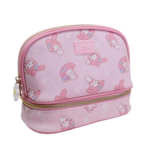 Impressions Vanity My Melody Double Layer Makeup Bag with Top and Bottom Zippered Compartments, My Melody Print Artwork Makeup Organizer with Faux Saffiano Leather, Inner Slip Pocket and Gold Hardware