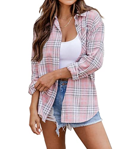 NUOREEL Women's Plaid Flannel Long Sleeve Button-Down Shirt