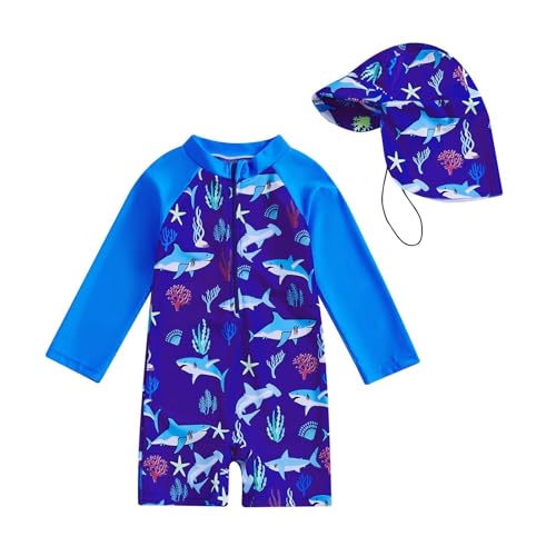 OBiQuzz Traje de baño para bebé 68 estampado manga larga con cremallera Rash Guard traje de baño sombrero de sol traje de baño, azul, 3-4 años