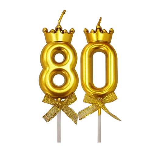 Image of 2 Pc 80 Number Candle for Birthday Cake Metallic 80th Birthday Cake Decoration Eighty Candle with Crown on Top Cake Topper 0-9 Number Candles for Anniversary (Pack of 2, Gold)