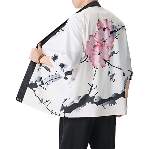 PRIJOUHE Mens Kimono Robe Lightweight Cardigan Bathrobe Casual Open Front Japanese Shirt 3/4 Sleeve Yukata Jacket2