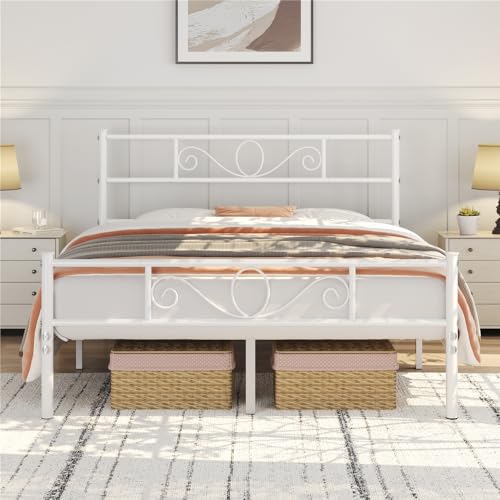Yaheetech Struttura Letto Matrimoniale in Ferro Battuto a Doghe 160 x 200 cm Testiera Elegante in Metallo Stile Rustico Moderno Bianco