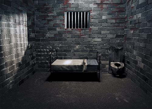 BELECO 3x2m Stoff-Hintergrund mit Gefängniszelle, Gefängnis, verbotener Raum, Fotohintergrund, dunkle Gefängniszelle mit Bett, Blutflecken für Krimi,...