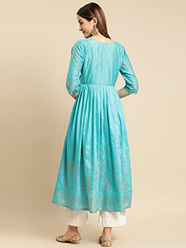Image of rangita Turquoise Viscose Calf Length Printed Anarkali Kurti for Women | Kurta for Women