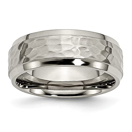 Titanium Polished and Hammered 8mm Beveled Edge Band Ring for Women Size 7 to 15, Grey, AFJ-QG-TB236-PR-MG