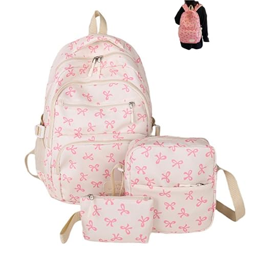 Coquette Bow Backpack 3Pcs Set, Cute Kawaii Backpack for Women College Style Large Capacity Daypack (Pink)