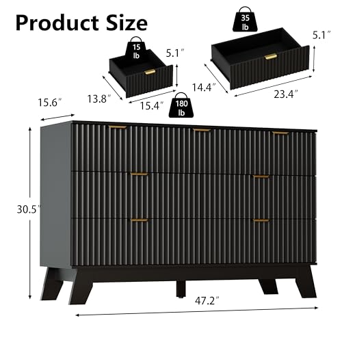 Image of Black Dresser 7 Drawer Dresser for Bedroom, 47''W Fluted Wooden Dresser Storage Cabinet and Chest of Drawers with Metal Handle, Storage Organizer for Living Room, Hallway, Entryway