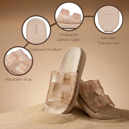 Image of TRASE Women's Glitter Slide Slippers| Double Strap Flat Slippers With Soft Cushioned Sole | Lightweight, Comfortable And Waterproof Slip-on Chappal | Stylish Daily And Casual Use Flip Flops