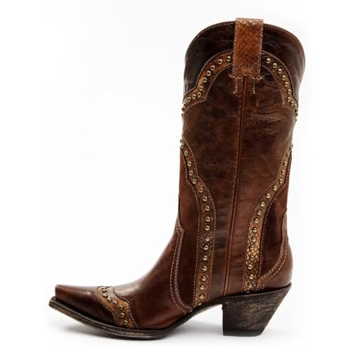 Agodor Cowboy Boots For Women Cowgirl Ladies Mid Calf Boots with Classic Studded, Pointed Toe Chunky Heel Pull On Fashion Dress Wedding Western Booties3