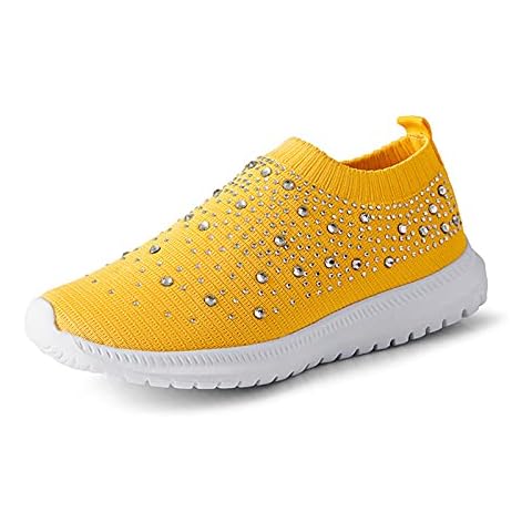 Fashion Slip On Walking Shoes for Women Rhinestone Mesh Sneakers Platform Loafers for Gym Travel House Yellow Cover