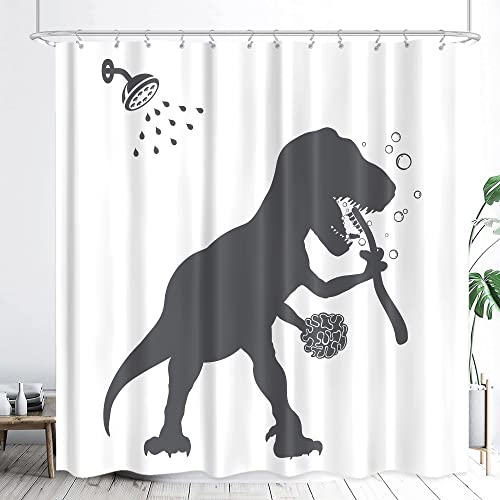 LGhtyro Dinosaur Shower Curtain Dino Shower Curtain 71Wx71H Silhouette Bathroom Set Funny Animal Shadow Kids Bath Curtain Black White Kid Accessories for Boys Bathroom Decor