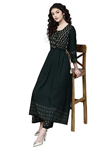 Image of ishin Women's Rayon Green Printed Anarkali Kurta