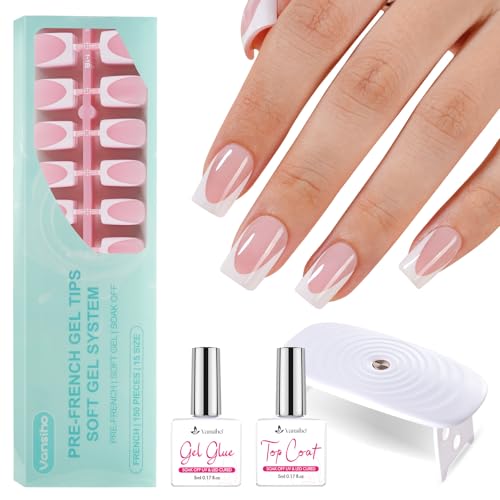 Vansiho Gel Nail Kit - Pink Deep Short Squre French Tip Press on Nails Kit with Nail Gel Top Coat for Gift Home DIY