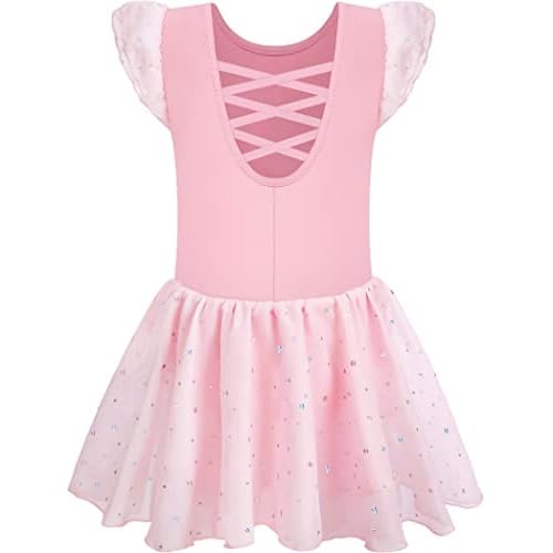 MOLLDAN Girls Dance Leotards for Ballet Dress Shiny Skirt Ruffle Sleeve Crisscross Back Pink 8-10 Years