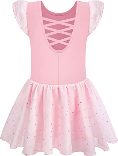 Image of MOLLDAN Girls Dance Leotards for Ballet Dress Shiny Skirt Ruffle Sleeve Crisscross Back