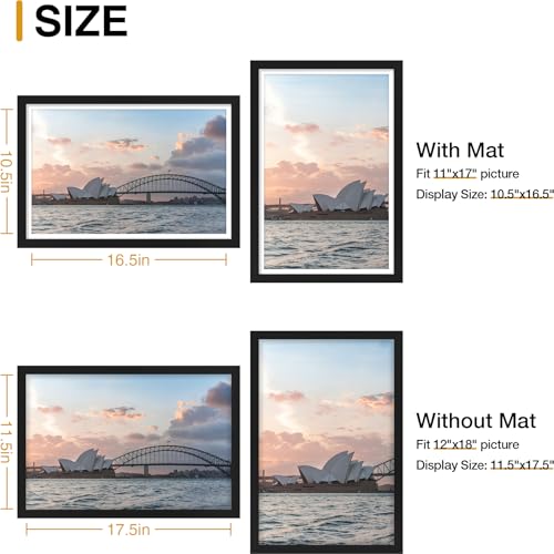 decorUhome 12x18 Picture Frame, Display Pictures 11x17 with Mat or 12x18 without Mat, Wall Mounting Photo Frame, Black, 1 Pack