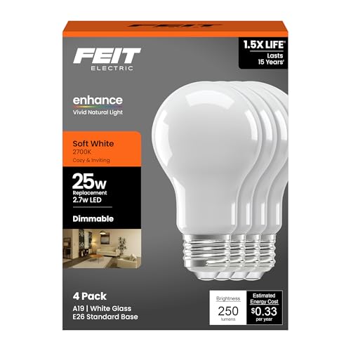 Feit Electric Enchance A19 LED Light Bulbs 2.7W (25W Equivalent) Soft White 2700K Dimmable 90+ CRI E26 Base 17 000-Hour Lifetime Residential or Commercial Bulb A1925/927CA/FIL/4/GB 4-Pack