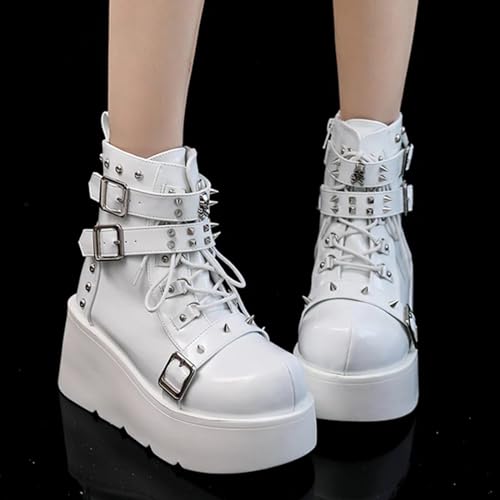 Women Goth Platform Lace Up Ankle Boots with Rivet Buckle Strap,Fashion Round-Toe Side Zipper Multi Band Punk Motorcycle Combat Booties4