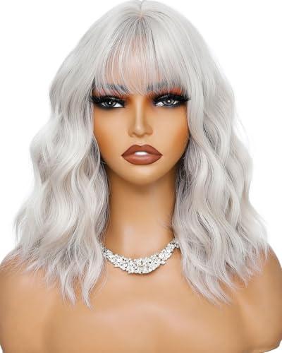 Kurze Welle Grau Bob Perücken mit Pony Schulter Länge Perücke Lockig Gewellt Synthetische Cosplay Perücken für Frauenl
