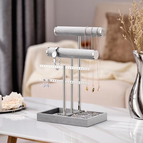 Image of Jewelry Organizer Stand for Necklaces, Bracelets, Earrings, Rings, Grey | 3 Tier Velvet Bracelet Holder Display | Jewelry Organizers and Storage | Jewelry Tree | Jewelry Towers