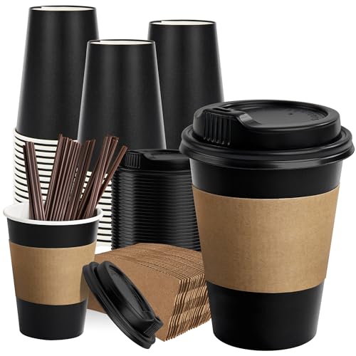 RACETOP 50 Pack 12 oz Coffee Cups with Lids Black Disposable Coffee Cups with Lids Sleeves and Stirring Sticks Hot Paper Coffee Cup 12 oz for Hot Drinks Parties Picnic Travel and Events
