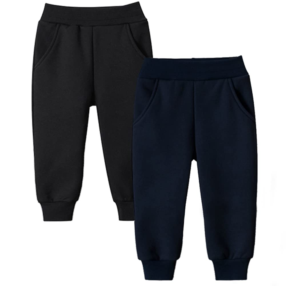 Looching 2 Pack Baby Toddler Boys Cotton Pants Solid Casual Pull on Jogger with Pockets Long Trousers for Kid Children