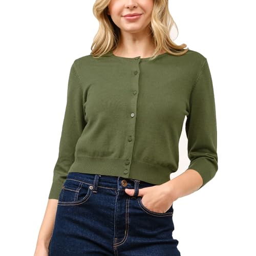 Image of Women's Cropped Cardigan 3 /4 Sleeve Crewneck Button Up Sweater Knit Top (S~XL)
