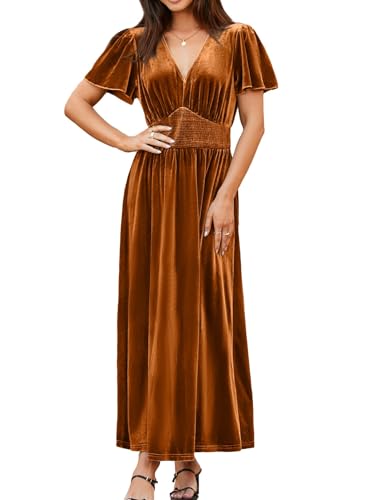 Simplee Women's Short Sleeve Velvet Maxi Dress V Neck Empire Waist Long Formal Wedding Guest Dresses