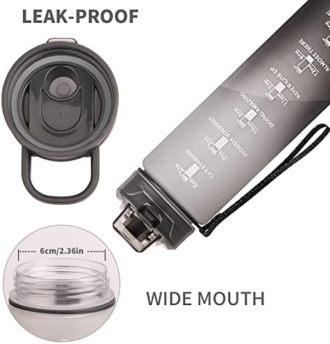 DEARRAY Motivational Sports Water Bottle 1 Litre with Straw and Time Marks, BPA Free Drink Bottles for Cycling, Fitness, Gym, Yoga, HikingBlack/White