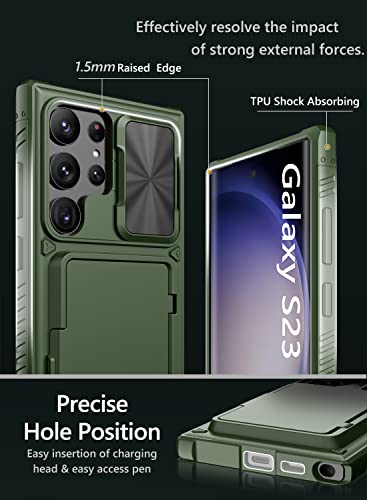 Image of Vihibii Polycarbonate For Samsung Galaxy S23 Ultra Back Cover With Card Holder(4 Cards)& Slide Camera&Kickstand,Shockproof Case For Samsung S23 Ultra,Green