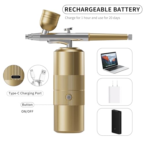 Airbrush Kit with Compressor Portable Airbrush Kit 48PSI High-Pressure Non-Clogging Air Brush Set Cordless Rechargeable with 0.3mm Nozzle and Cleaning Brush for Painting,Nail Art, Makeup (Gold) - Thumbnail 6