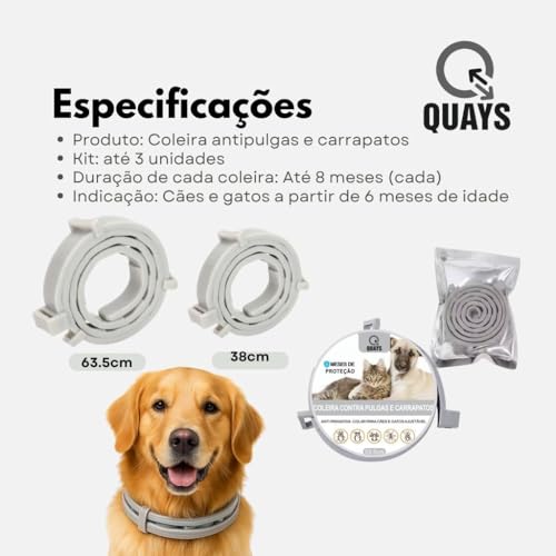 Kit com 3 Coleiras Antipulgas para Cães e Gatos com até 8 Meses de Proteção Contra Carrapatos Mosqui