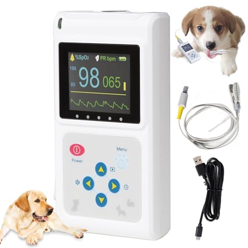 Oxímetro de pulso veterinario portátil for mascotas: monitor de SPO2 for perros y gatos con sensor de oído/lengua, seguimiento de frecuencia cardíaca las 24 horas, almacenamiento y reproducción de dat
