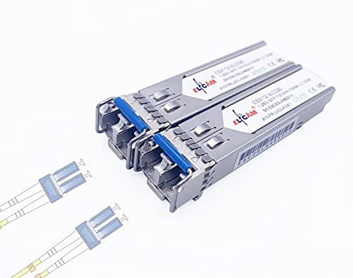 Elfcam® - 2 Pack 1.25 Gbps SFP Fibre Optic Transceiver Module, LC/UPC Fibre Optic Connector Single Mode Duplex (OS2) 1310nm 10km DDM