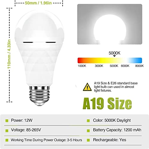 A19 Rechargeable Light Bulbs Emergency Light Bulb For Power Outages, Led Bulb 60 Watt Equivalent, 5000K Daylight Self-Charging Light Bulb 1200Mah Battery Backup Light Bulbs For Daily, Emergency Use #TOP6