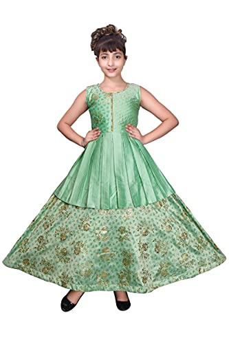 Image of Sky Heights Girl's Silk Slend Fit and Flare Maxi Wedding Dress (ZB Print Green38 Green 13-14 Years)
