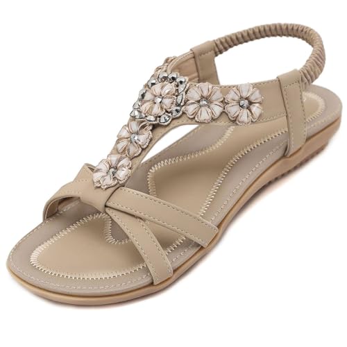 SOLOYEE Sandals for Women Summer Bohemian Casual Shoes Ladies Faux Leather Open Toe Flat Sandal with Sparkling Flower-Shaped Rhinestone Apricot, 6 UK