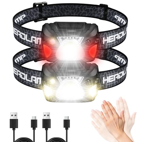 Lampe Frontale Rechargeable 2 pièces, 2000 Lux Superbrighte LED Puissante avec Voyant Rouge,6 Modes d'Éclairage,Capteur Mouvement, Affichage de Puissance IPX4 Étanche Lampe Frontale Running, Camping