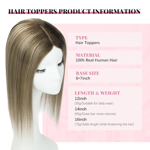 Hair Toppers for Women Real Human Hair 6x7inch Large Base 14inch 55g Toppers Pieces for Women with Thinning Dark Brown To Chestnut Brown Highlight Ash Blonde (#2/6/18Toppers-14inch)