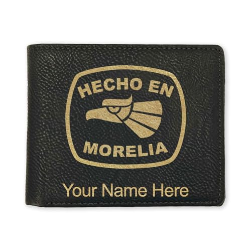 LaserGram Faux Leather Bi-Fold Wallet, Hecho en Morelia, Personalized Engraving Included (Black with Gold)