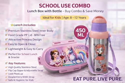Image of Kids Stainless Steel Water Bottle with Sling Strap & Cartoon Lunch Box Set | School Tiffin and Water Bottle Combo for Girls | Princess Unicorn Design | BPA Free | Pink & Purple