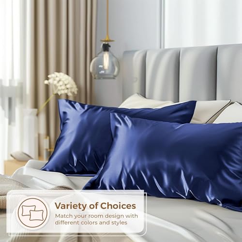 Image of Craftelio Satin Pillow Covers Set of 2 with 3 Free Random Color Hair Scrunchies - Anti-Frizz, Skin-Friendly, Soft & Durable Pillowcase Set for All Hair Types (Navyblue)