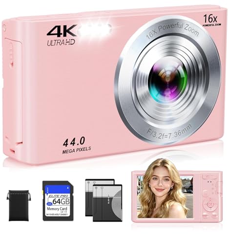 Image of Digital Camera,Upgraded FHD 4K Pink Digital Camera for Teens Girls,Compact Digital Cameras with 64GB Memory Card,2 Batteries,Small Camera with 16X Autofocus Digital Zoom for Vlogging